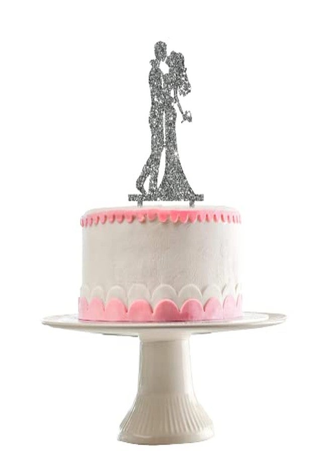 Party Baazaar Acyrlic Silver Glitter Finish Couple Cake Topper for Decoration (Silver, 6X3 Inches) - Image 1